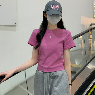 火龙果色正肩圆领短袖t恤女