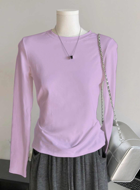 2025新款紫色打底衫女秋季修身纯色减龄休闲圆领长袖女小个子内搭
