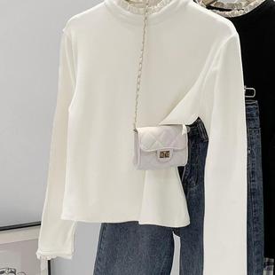 蕾丝花边小立领长袖T恤女秋冬修身木耳边德绒打底衫内外叠穿上衣