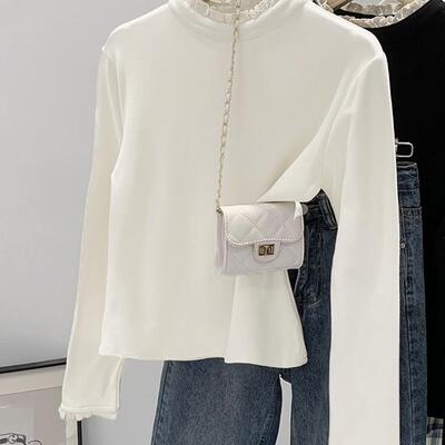 蕾丝花边小立领长袖T恤女秋冬