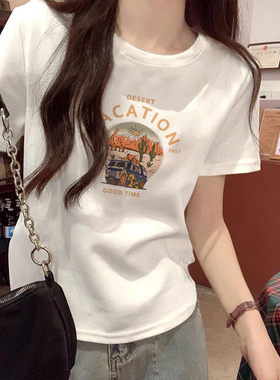 白色短袖t恤女2026新款夏季内搭打底衫美式高街正肩修身纯棉上衣