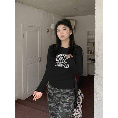 棉质黑色长袖秋季美式高级感t恤