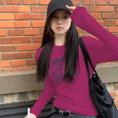 树莓色复古显白修身圆领正肩T恤