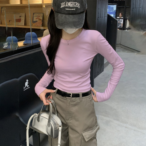 显白紫色修身减龄长袖t恤纯棉女