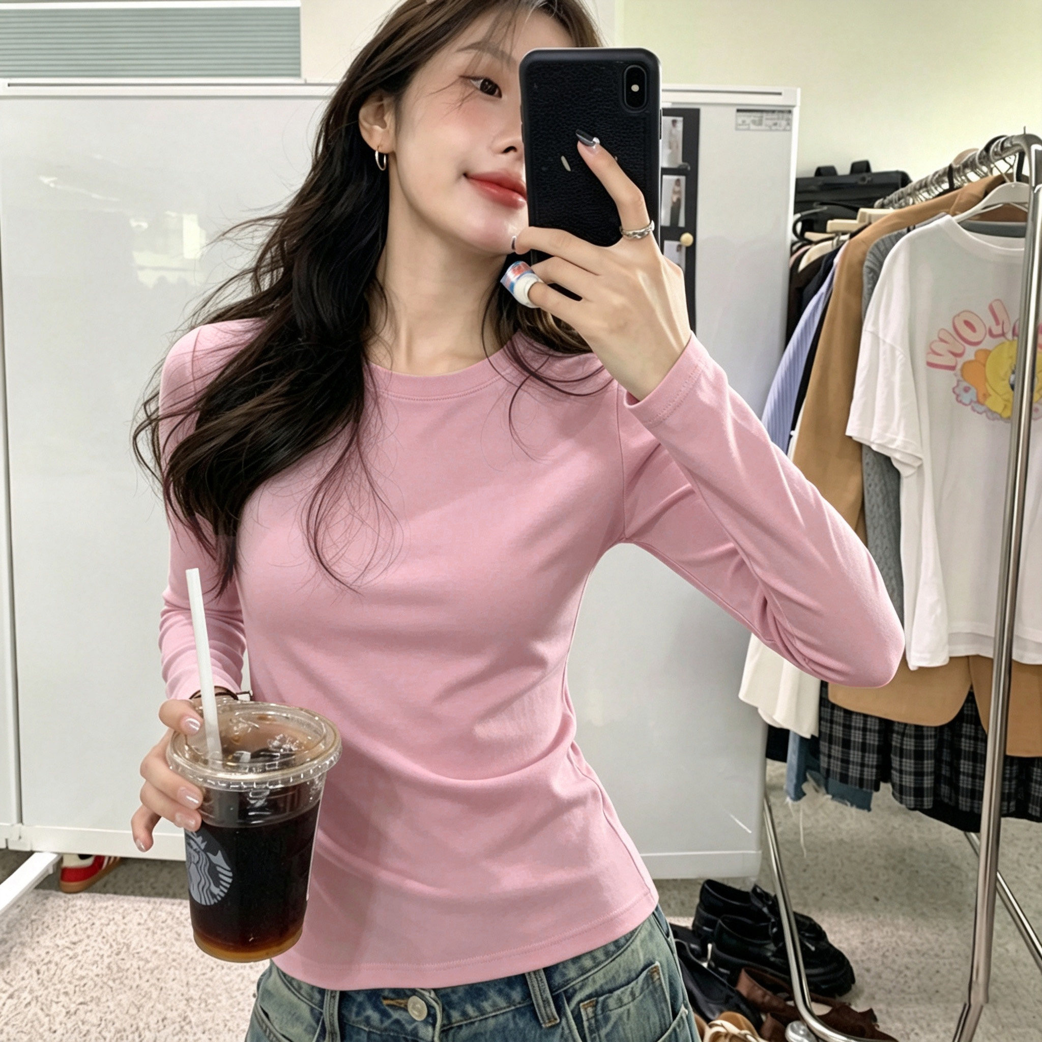 圆领长袖t恤女装粉色新款修身显瘦内搭打底衫正肩棉质上衣秋冬季