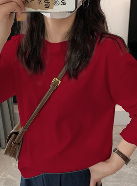秋季红色棉质长袖t恤女装纯色打底衫外穿内搭减龄体恤百搭ins上衣