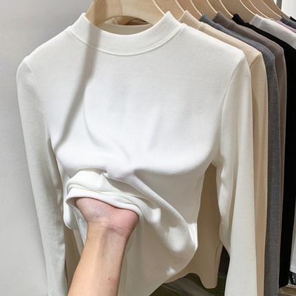白色德绒内搭打底衫女半高长袖T恤2025秋冬修身小立领基础款上衣
