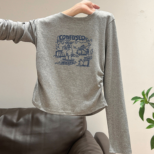 t恤纯棉女装 时尚 正肩修身 新款 chic褶皱设计感上衣 2025秋冬季 长袖