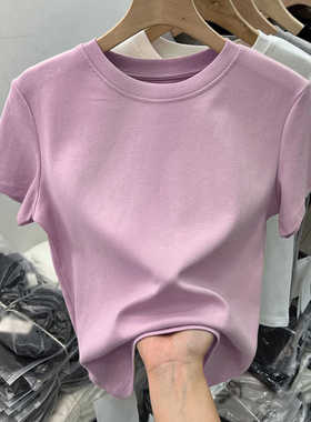 正肩t恤紫色今年流行的女装搭配2025夏新款纯色圆领短袖修身上衣