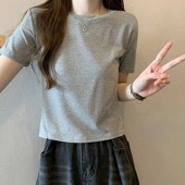 小个子灰色修身 2025夏季 显瘦百搭正肩体恤上衣 t恤女新款 纯棉短袖