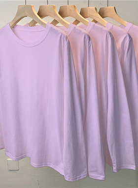 紫色正肩长袖棉质T恤女秋装设计感小众圆领修身ins打底衫内搭上衣