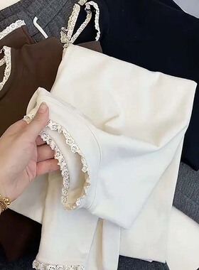 白色蕾丝花边小立领打底衫女内搭修身冬季双面德绒ins上衣长袖T恤