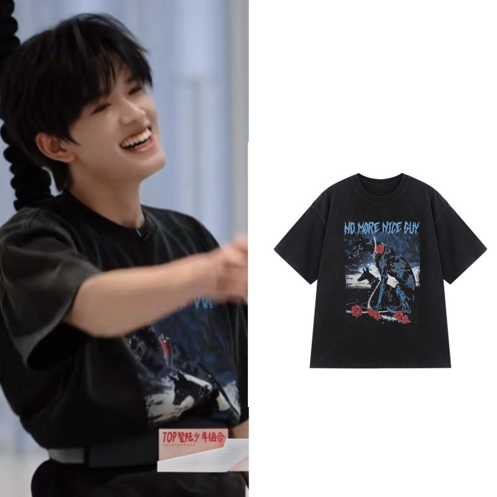 top登陆少年张极同款衣服复古玫瑰狗印花纯棉短袖T恤男女夏装上衣