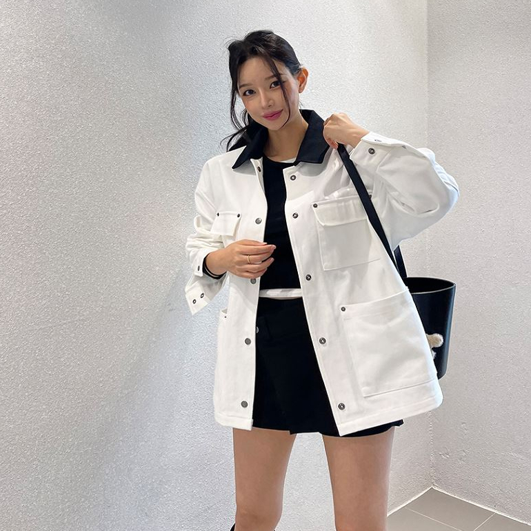 Cmy korea 韩国东大门代购女装 拼色领子中长款口袋设计长外套