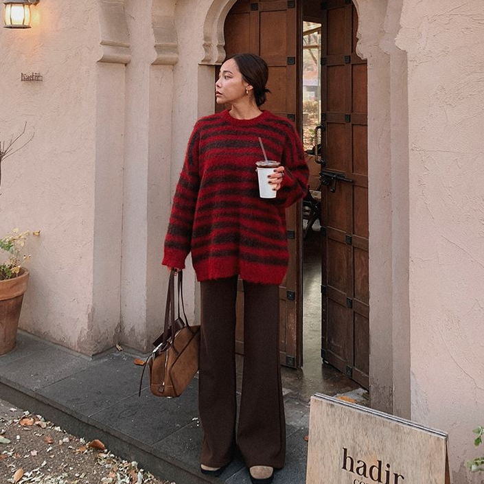 Cmy korea韩国正品代购 卡其复古红色撞色条纹圆领套头针织衫