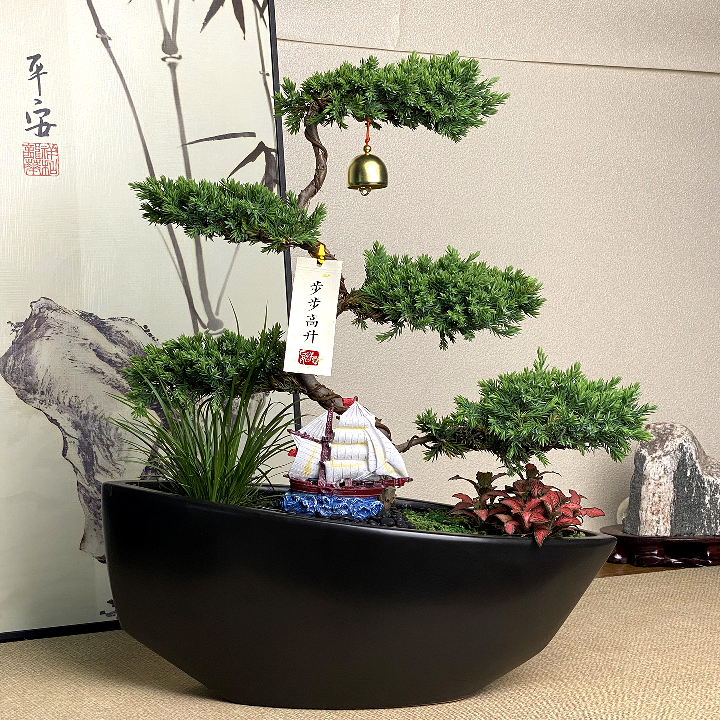 独特帆船造型盆景.步步高升盆栽