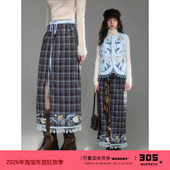 有耳uare原创设计 末梢花香 复古格子郁金香刺绣前开衩流苏半身裙