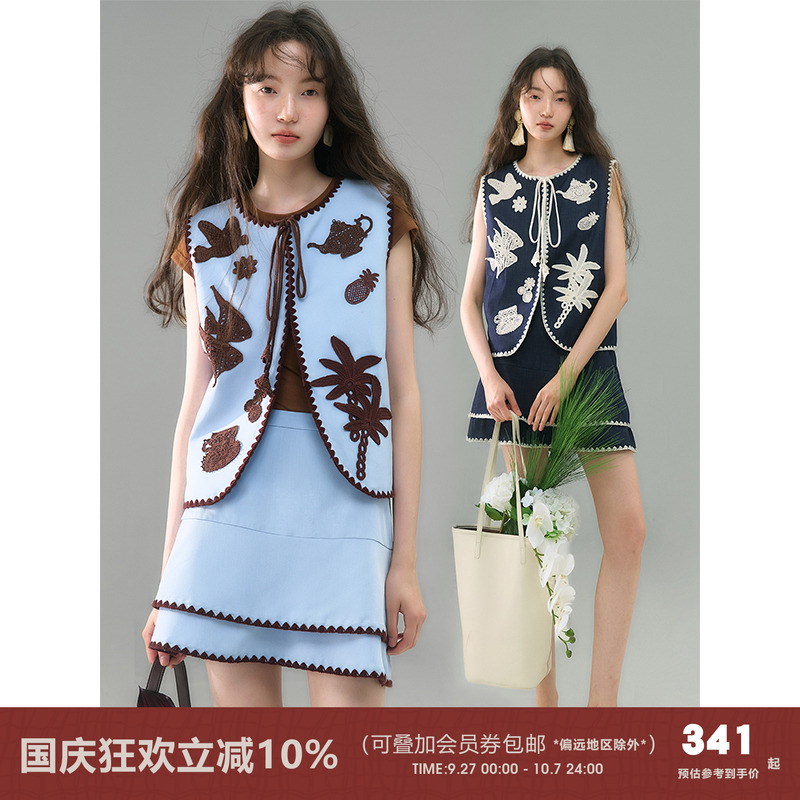 有耳uare飞鸟海鱼绣花马甲套装