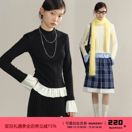 有耳uare原创设计 灵魂内搭 假两件拼接磨毛针织内搭打底衫T恤