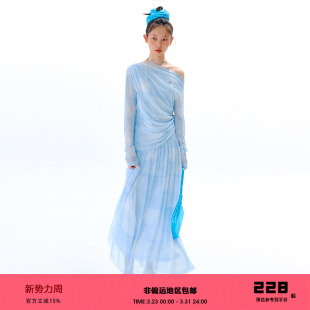 蓝渐染印花荡领斜肩T恤半身裙套装 有耳uare原创设计 入梦涟漪