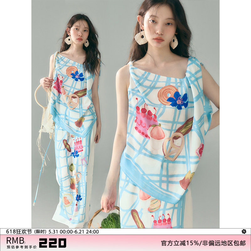 有耳uare x膨胀面包 一起野餐嘛 格子面包印花缎面上衣半身裙套装