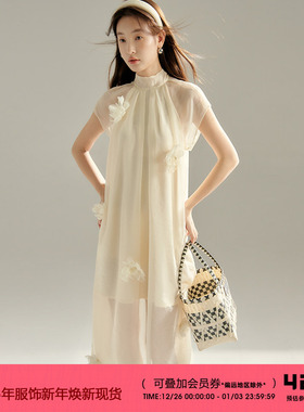 有耳uare原创设计 下凡是可以的吗 立体手工花欧根纱短袖连衣裙