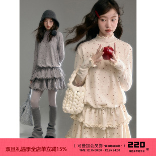 T恤A字半身裙套装 复古木耳边针织长袖 波点精灵 有耳uare原创设计