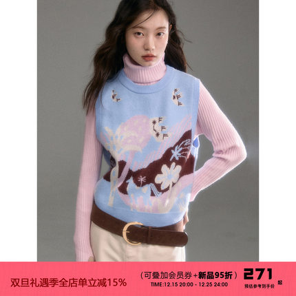 有耳uare原创设计 梦见牧场 撞色小马郁金香飞鸟提花针织背心上衣