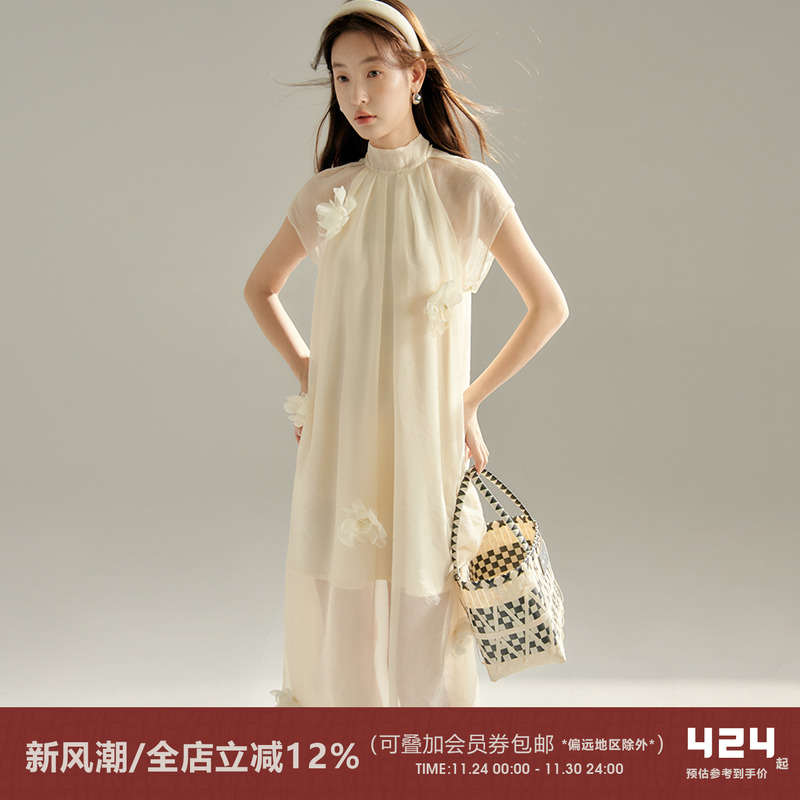 有耳uare夏季手工花短袖连衣裙