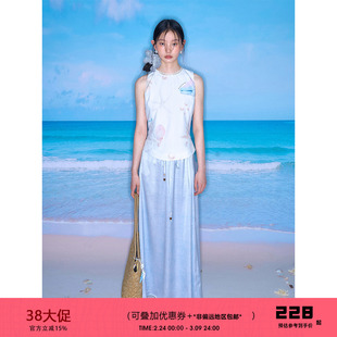 有耳uare原创设计 水波潋滟 淡蓝色仿醋酸直筒抽绳半身裙长裙