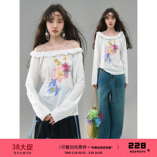 有耳uare原创设计 花火弥散 两穿弥散风手绘印花斜肩天丝长袖T恤