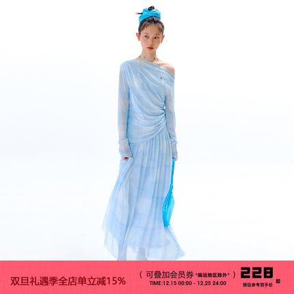 有耳uare原创设计 入梦涟漪 蓝渐染印花荡领斜肩T恤半身裙套装
