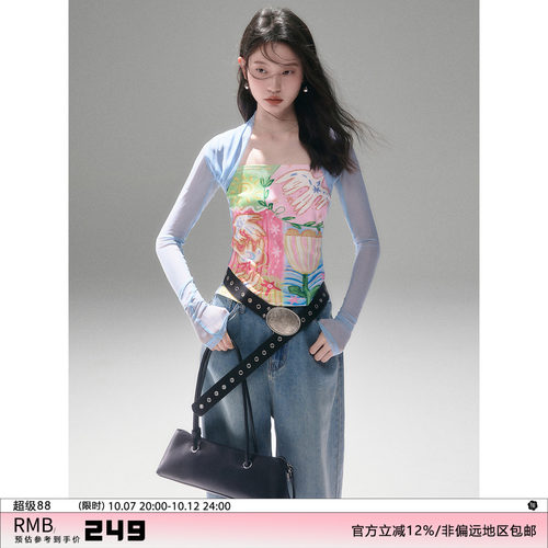 有耳uare假两件网纱拼接印花坎肩
