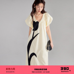 有耳uare原创设计 起司奶油郁金香 撞色拼花法式V领宽松连衣裙