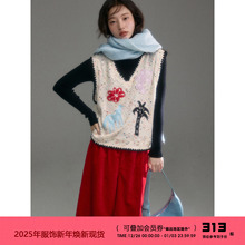 有耳uare原创设计 马上幸福啦 贴布绣V领马甲彩点针织背心上衣