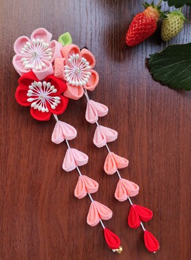 知心红粉细工汉服花朵发夹