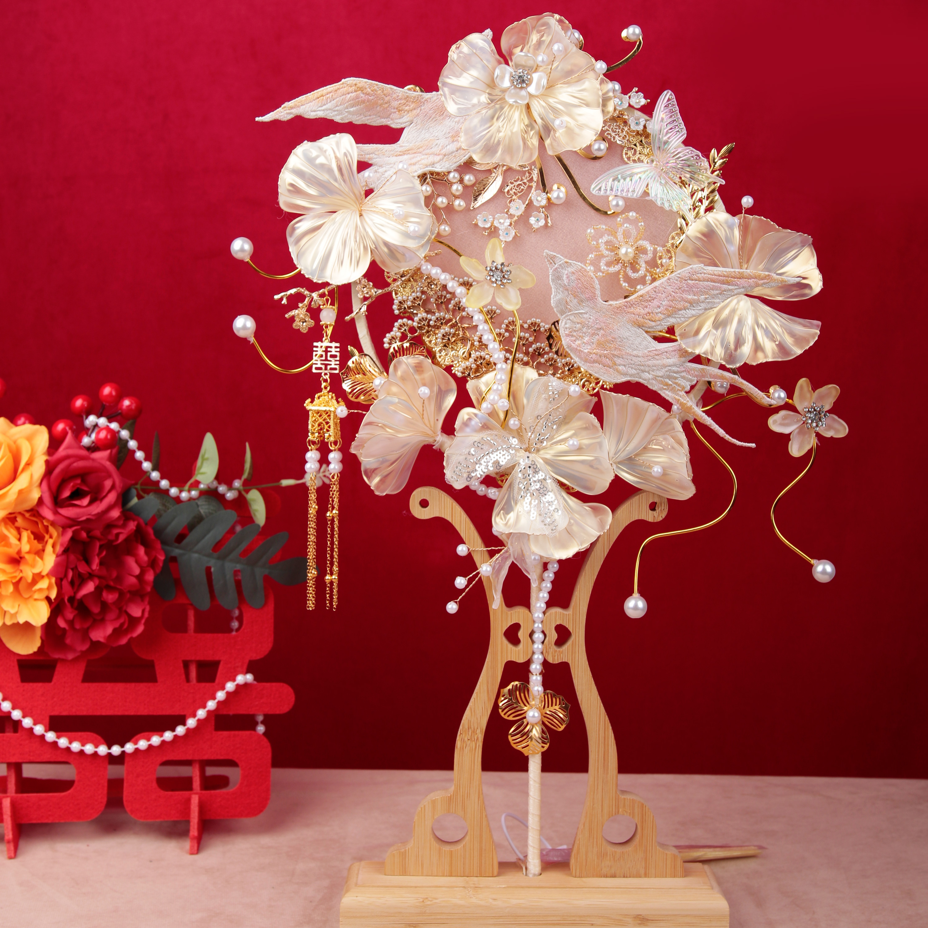 雪亭坊喜扇香槟凤求凰团扇新娘结婚DIY材料包中式龙凤褂手捧花 di