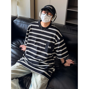 夏季2026新款260G纯棉条纹短袖T恤男生潮流情侣宽松字母刺绣上衣