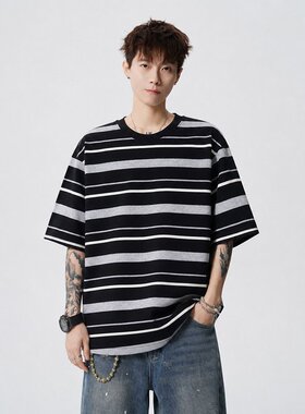 夏季条纹短袖T恤男士潮流宽松情侣装学生时尚百搭打底衫半袖上衣