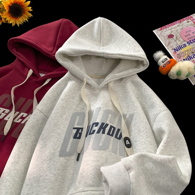 美式加绒加厚连帽卫衣男士潮流潮牌印花情侣装宽松时尚秋冬季外套