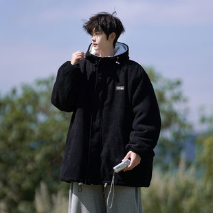 冬季加绒加厚连帽棉服男潮流宽松情侣保暖内里羊羔毛棉衣外套