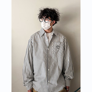 春季2026新款美式笑脸刺绣条纹长袖衬衫男春秋款情侣防晒衬衣外套
