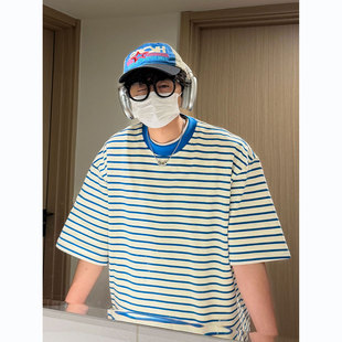 夏季2026新款280G条纹短袖t恤男生潮流情侣装宽松纯棉体恤衫上衣