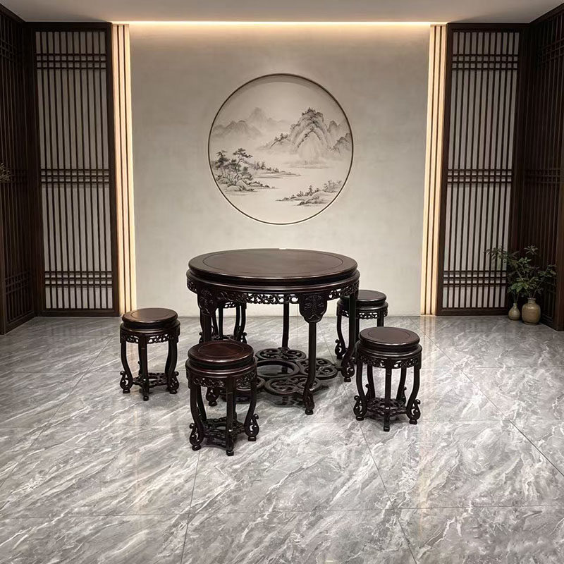 红木家具大红酸枝五子登科圆桌六件套中式全实木休闲茶桌饭桌组合
