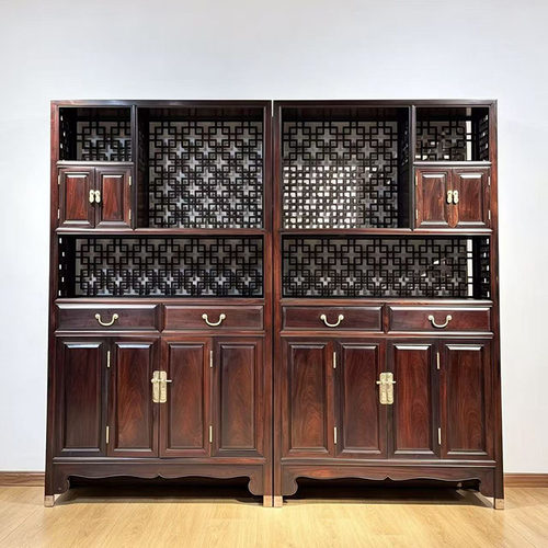 大红酸枝明式独板万字格书柜中式实木多宝阁储物柜展示柜红木家具