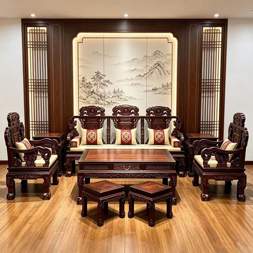 红木家具大红酸枝如意沙发八件套中式全实木小户型客厅沙发组合