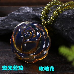 多米尼加变光蓝珀玫瑰花吊坠墨西哥琥珀蜜蜡长款女项链毛衣链礼物