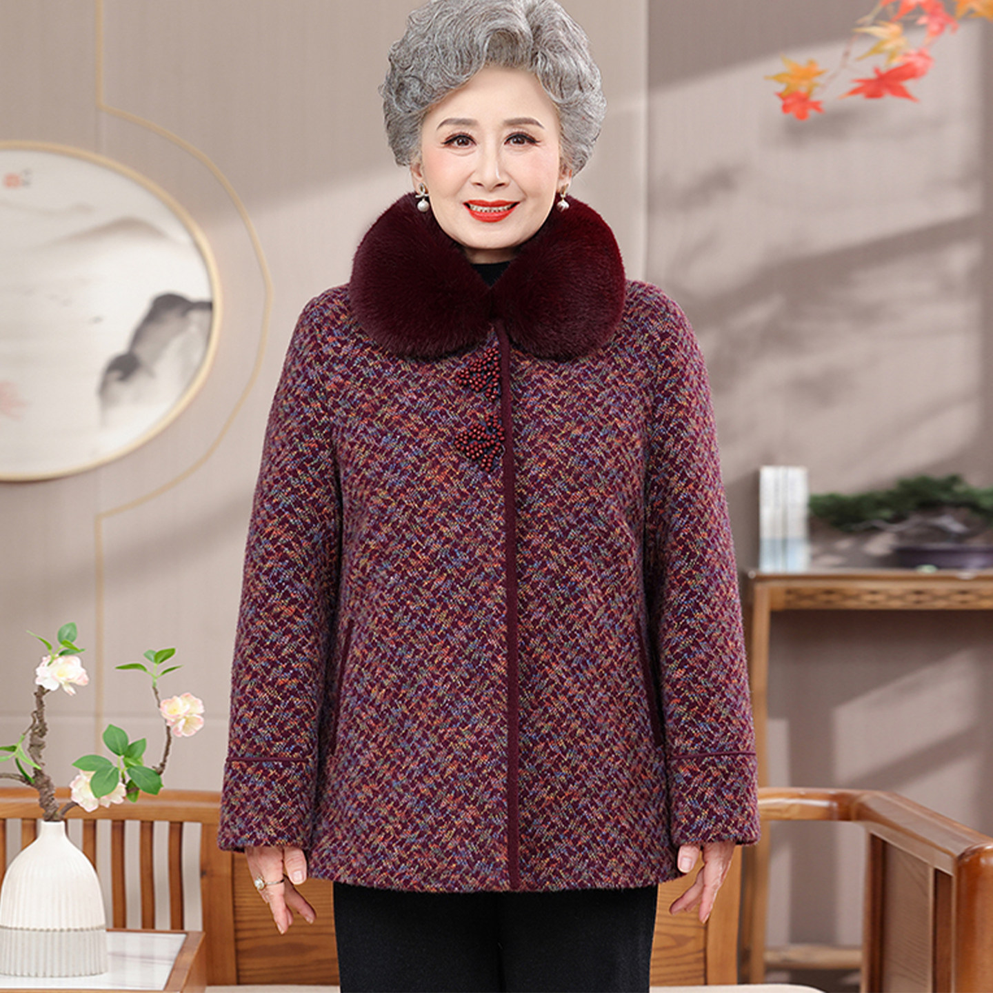 妈妈冬装毛呢外套中老年女装大毛领加绒加厚洋气高贵保暖上衣