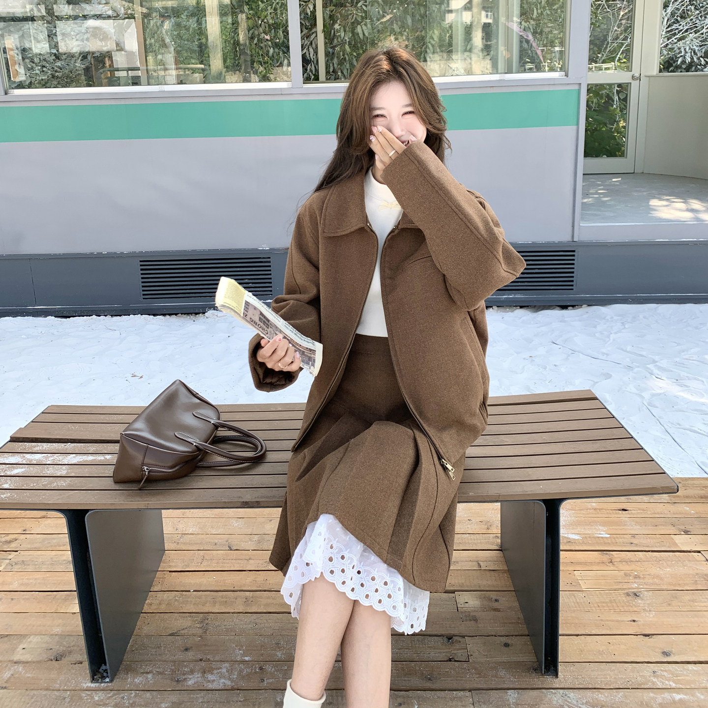 羊羔毛双面呢大衣半身裙套装女冬