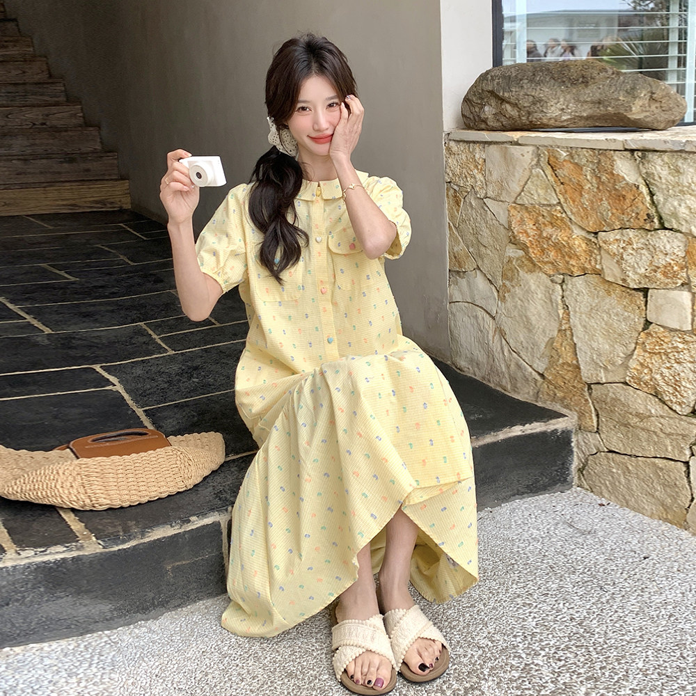 夏季甜美娃娃领印花显瘦连衣裙